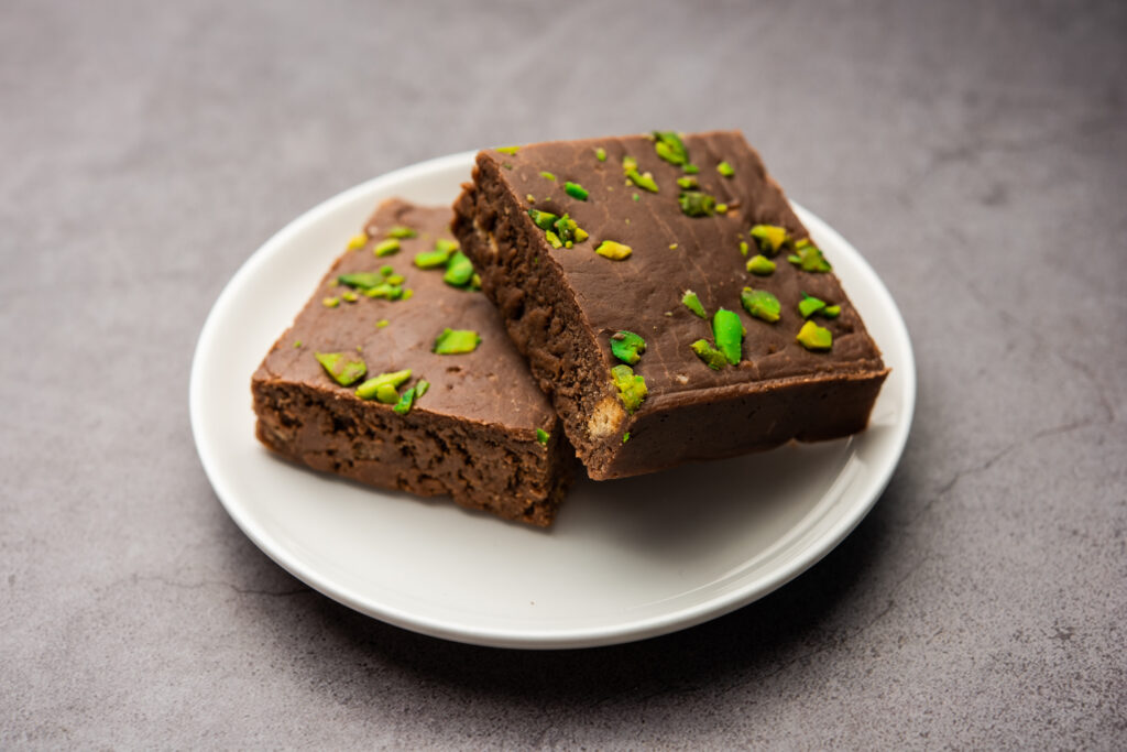 chocolate barfi or choco burfi cake, a tweak to indian dessert or sweet for festivals