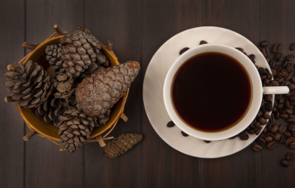 top view of a cup of coffee with pine cones on a bucket with coffee beans isolated on a wooden background